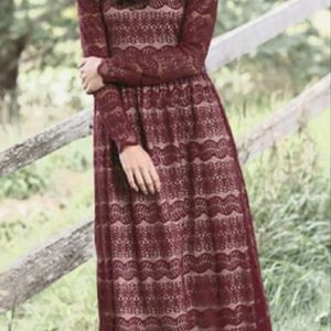 BURGUNDY LACE AND TAN MIDI DRESS, LONG SLEEVES, SIZE L